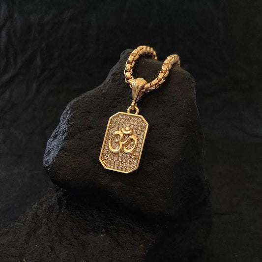 Men’s Gold Plated Om Pendant Necklace with Diamond Accents – Casual Wear