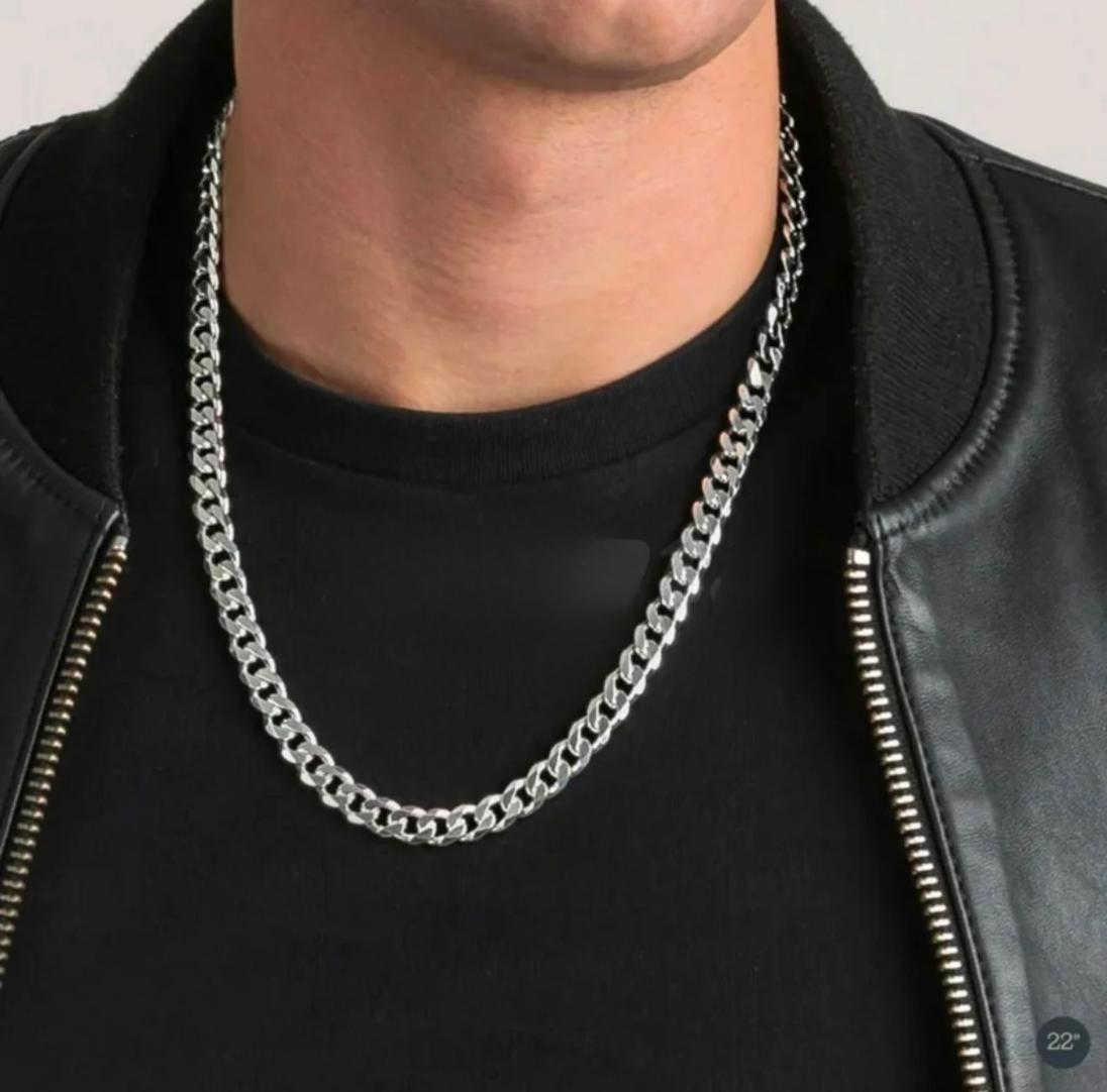 Men’s Cuban Style Thick Chain – Rhodium Plated Silver Necklace with Toggle