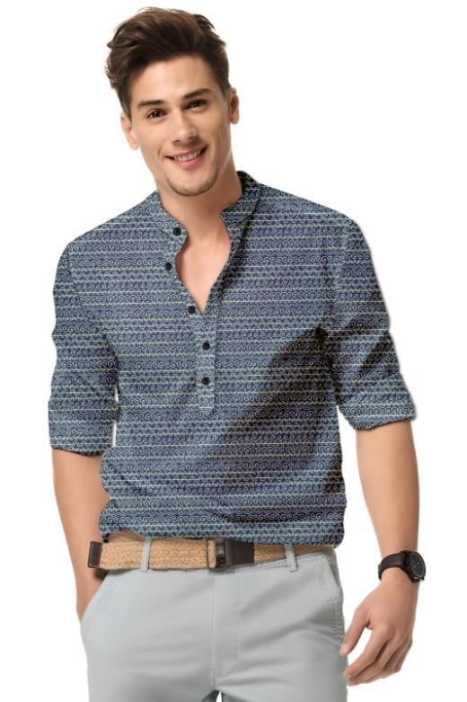 Men’s Navy Blue Printed Casual Shirt – Full Sleeve Spread Collar Cotton Shirt