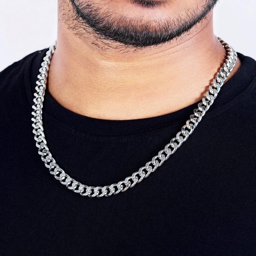 Men’s Cuban Style Thick Chain – Rhodium Plated Silver Necklace with Toggle