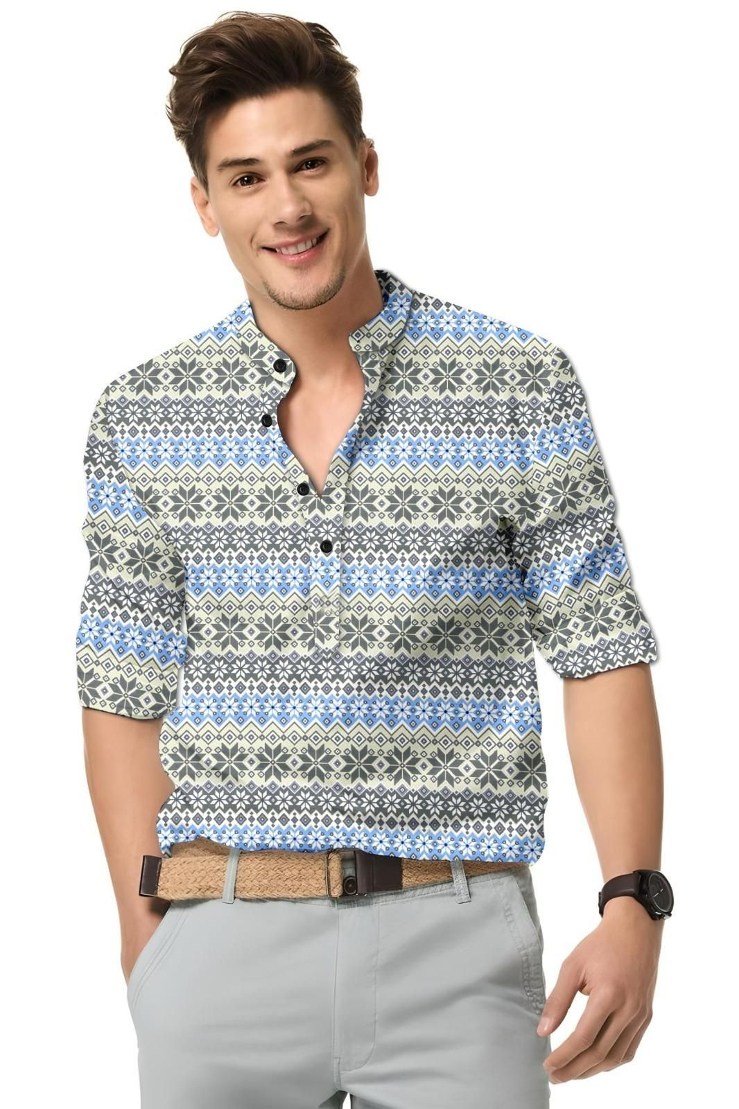 Men’s Printed Spread Collar Casual Shirt – Multicolor