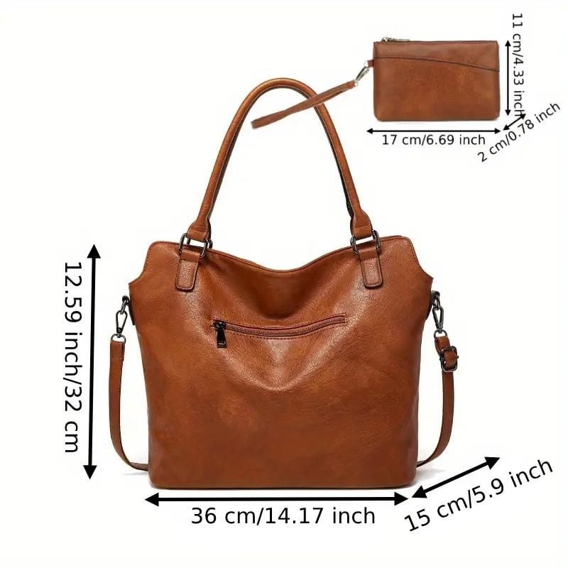 Women’s PU Leather 2-in-1 Tote &amp; Hobo Bag – Brown